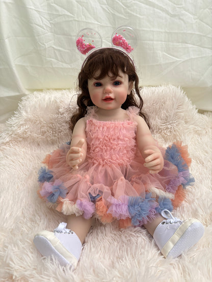 56 cm große Dreamy Pink Rüschenpuppe – Half-Up-Pferdeschwanz mit süßem Kleider-Set
