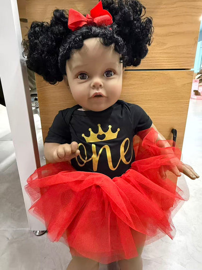African Reborn Baby Doll - Black Red ONE Birthday Tutu real photo