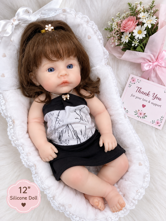Tiny Darling long hair silicone doll blue eyes black outfit