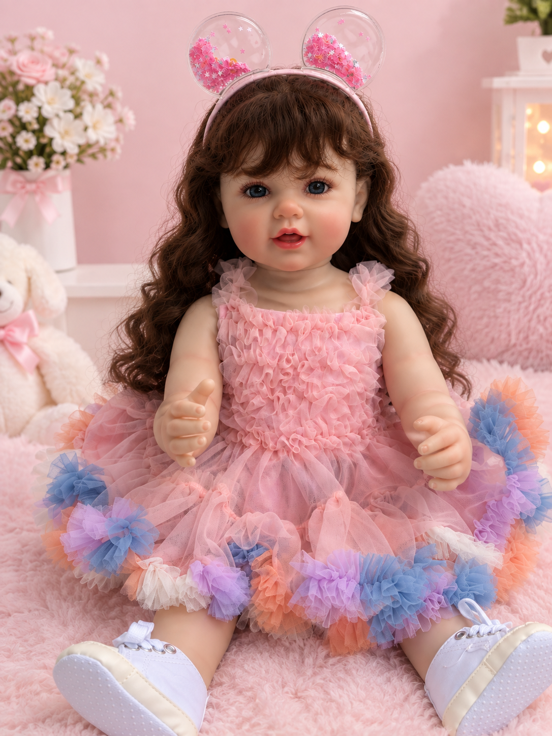 22-inch Dreamy Pink Ruffle Doll with Half Up Pony - Side View