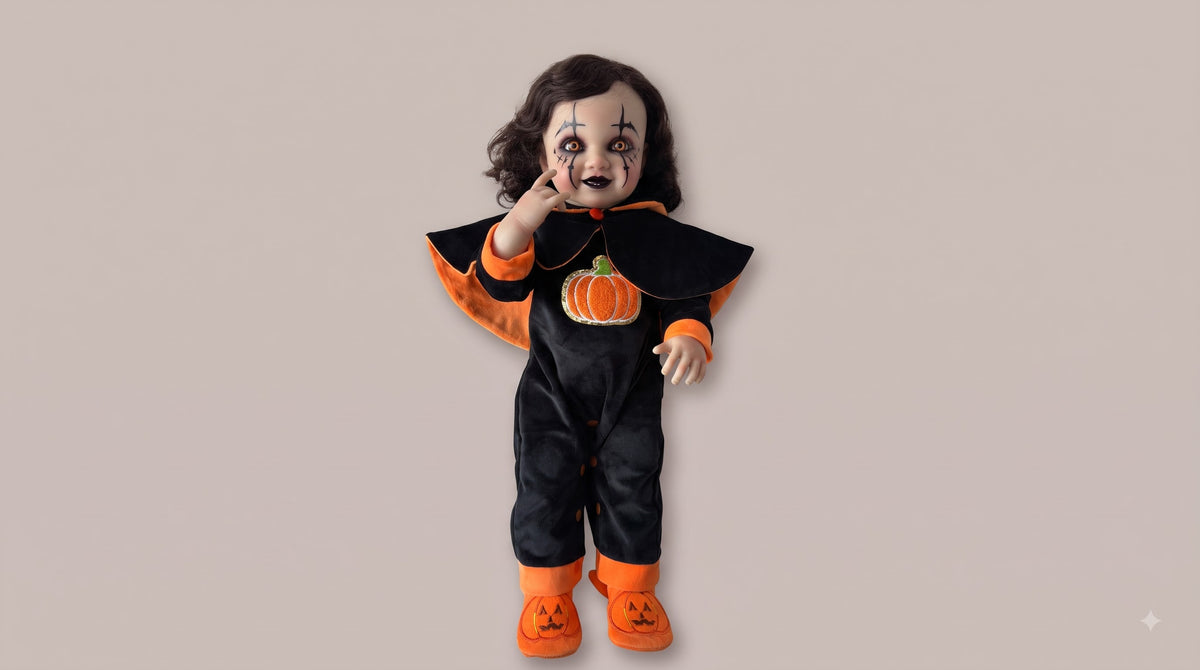 Halloween Pumpkin Cape Serial Baby Doll – Dark Hair Black Orange Cape