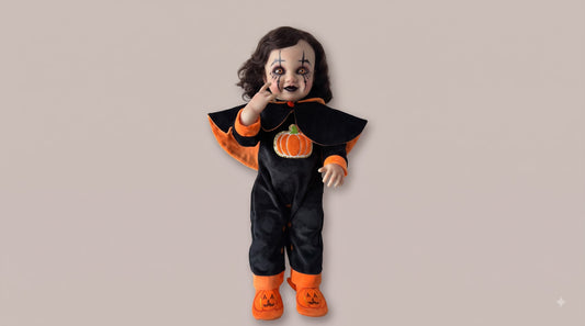 Halloween Pumpkin Cape Serial Baby Doll – Dark Hair Black Orange Cape