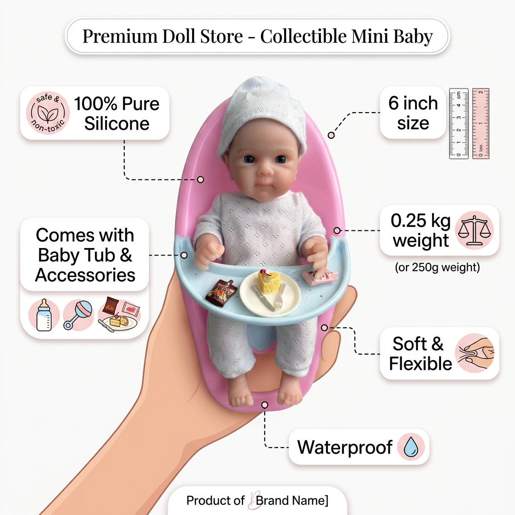 Sunshine Baby silicone doll infographic with product details