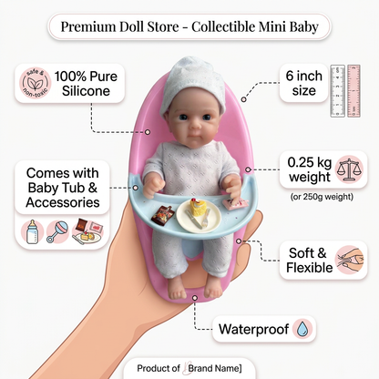 Sunshine Baby silicone doll infographic with product details