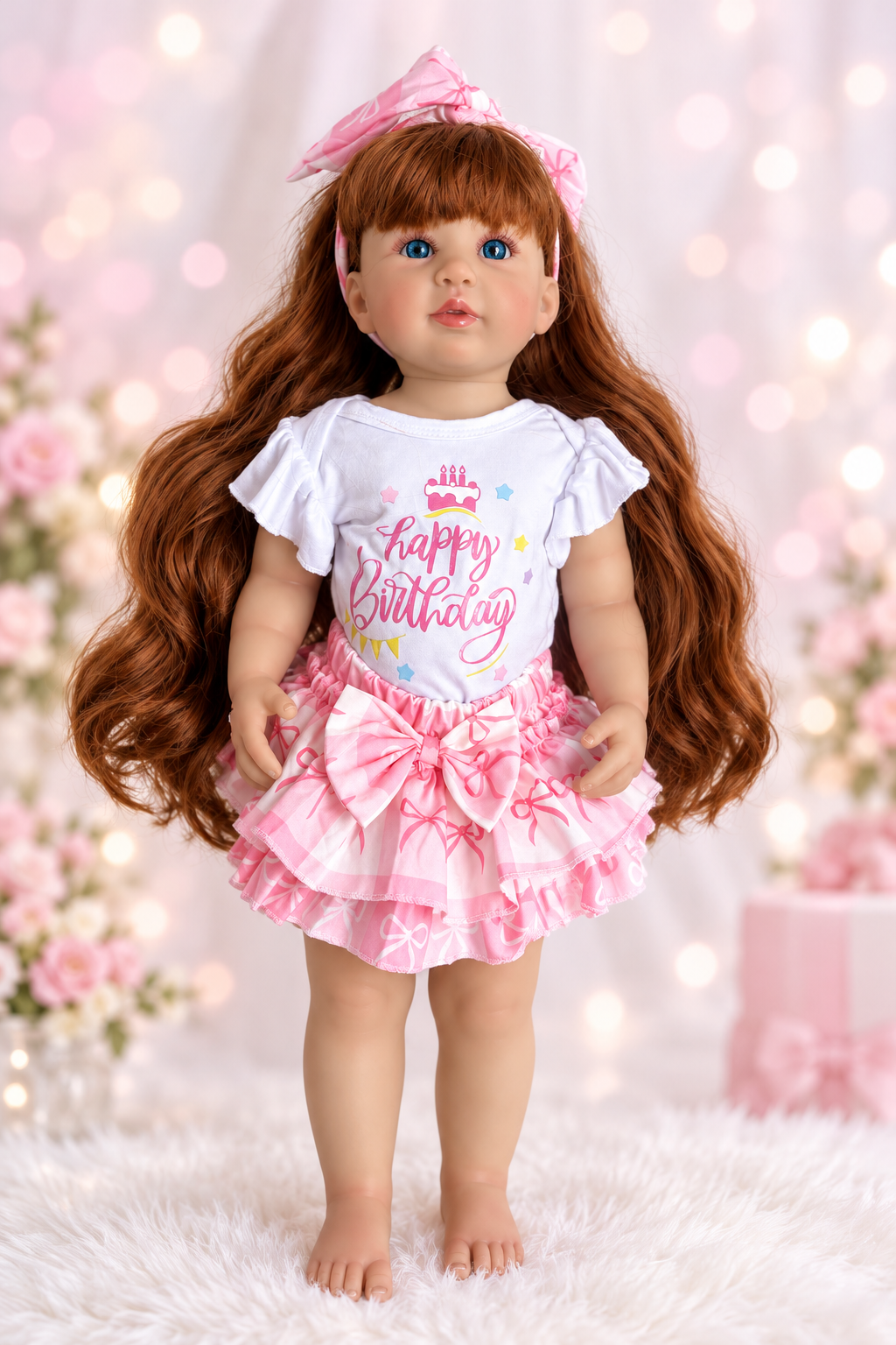 Reborn toddler girl doll lying on white fur - enhanced background