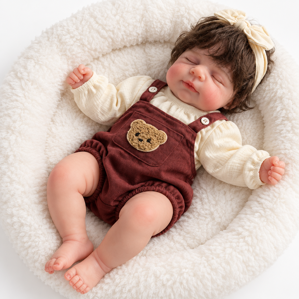 Bear dungaree doll on round bed
