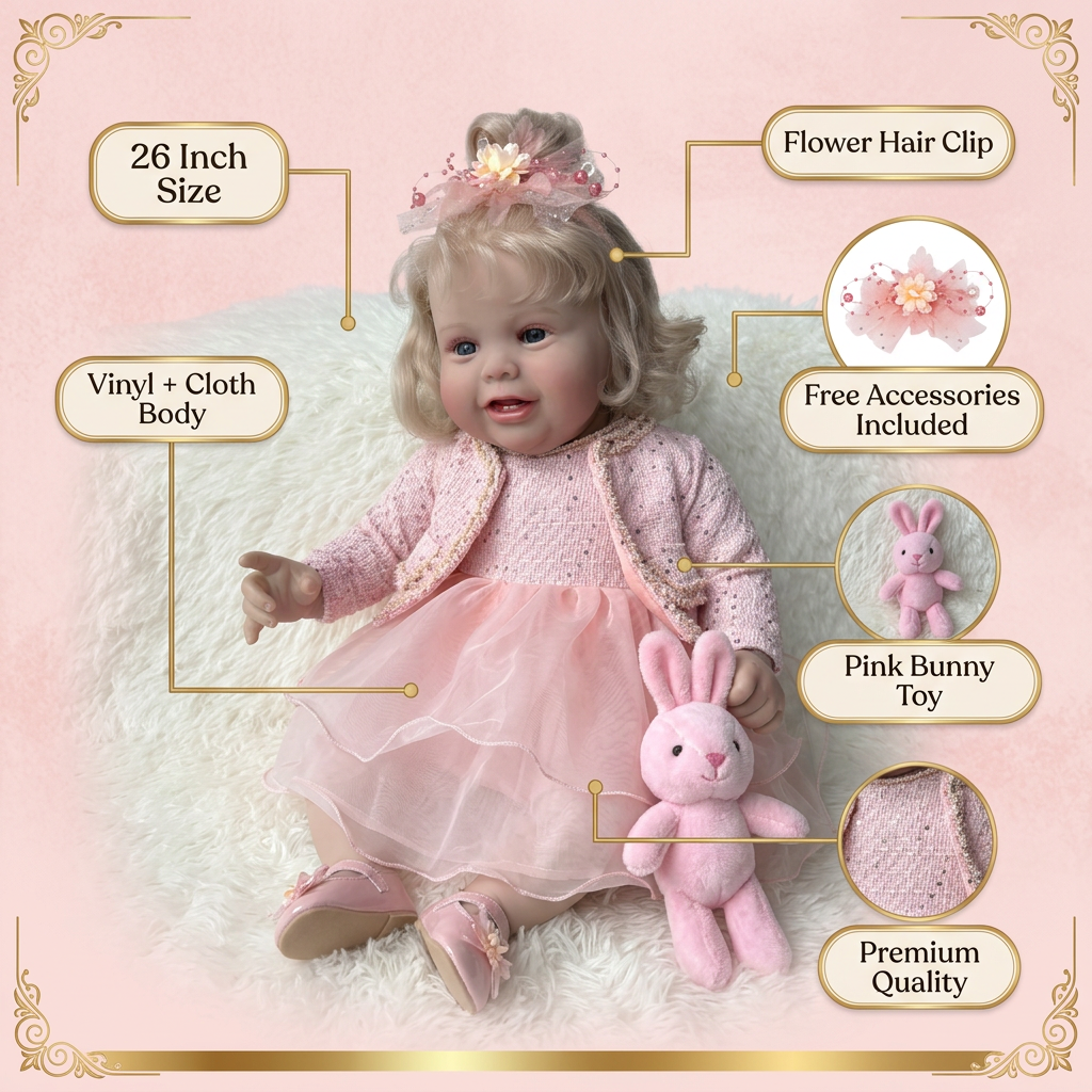 Princess Bloom reborn doll infographic with product details