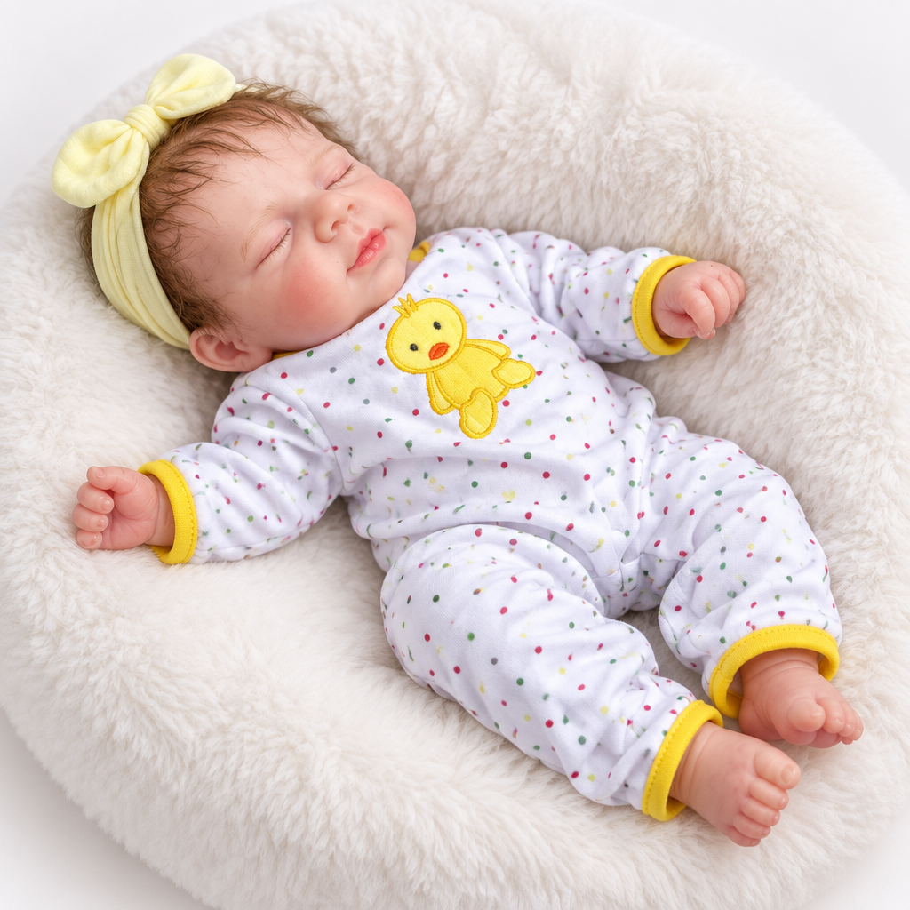 Duck doll on round bed