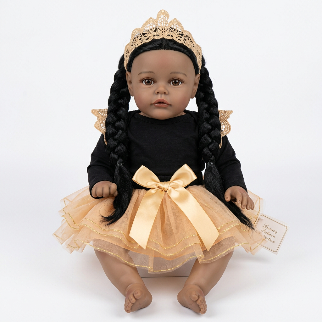 African Reborn Baby Doll - Gold Crown Peach Tutu Braided Pigtails
