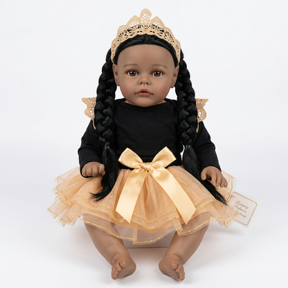 African Reborn Baby Doll - Gold Crown Peach Tutu Braided Pigtails