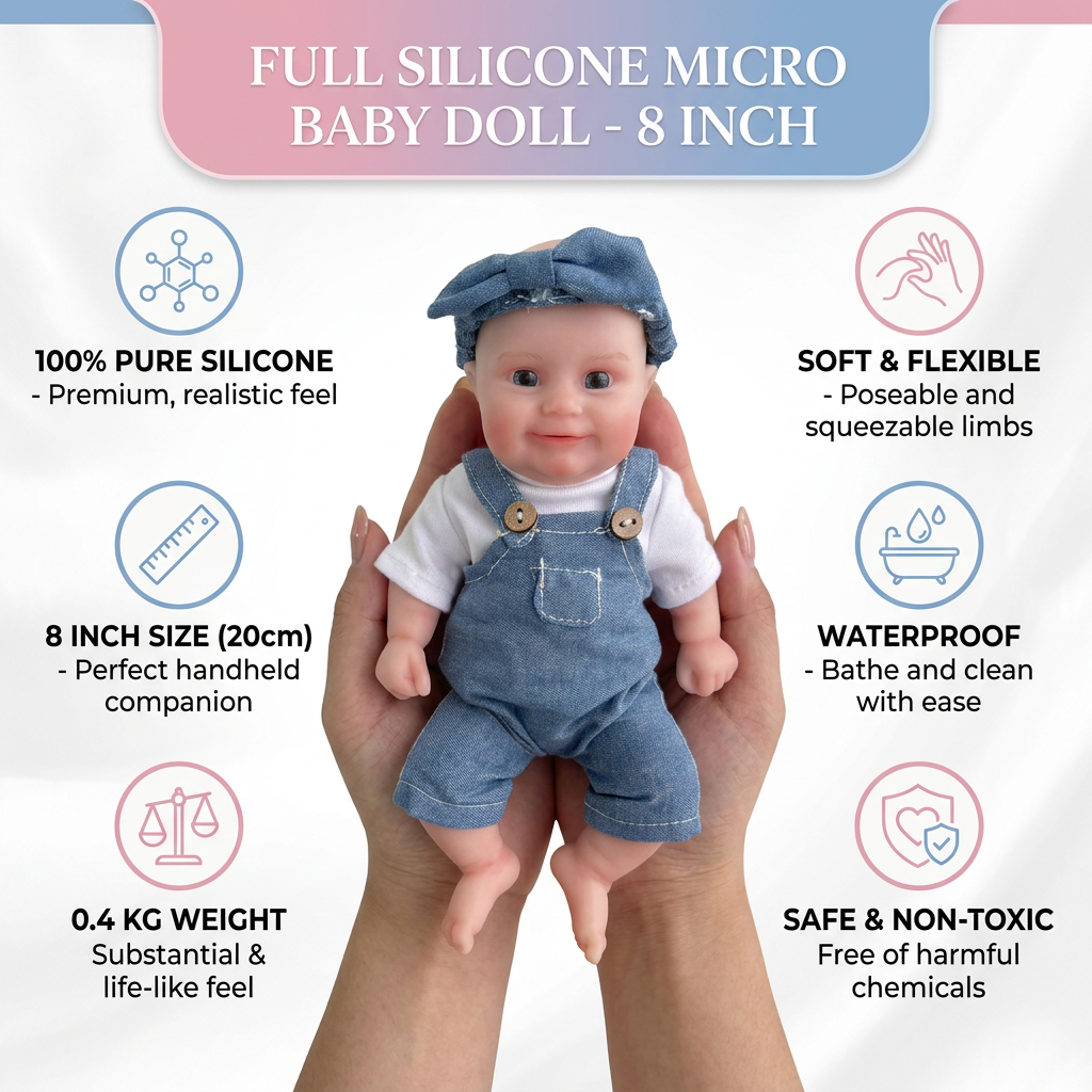 Mini Darling silicone doll infographic with product details