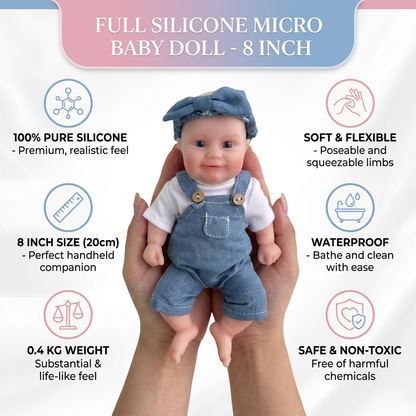 Mini Darling silicone doll infographic with product details